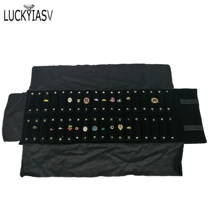 Wholesale Jewelry Roll Bag Portable Carring Case Black Velvet Organizer Multi Functional Necklace Rings Earrings Storage Box