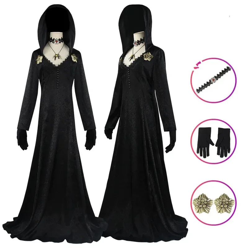 لعبة قرية الشر مصاص دماء سيدة دانييلا ديميتريسكو أزياء تنكرية فستان أسود الزي الكبار النساء هالوين كرنفال البدلة ir;l5