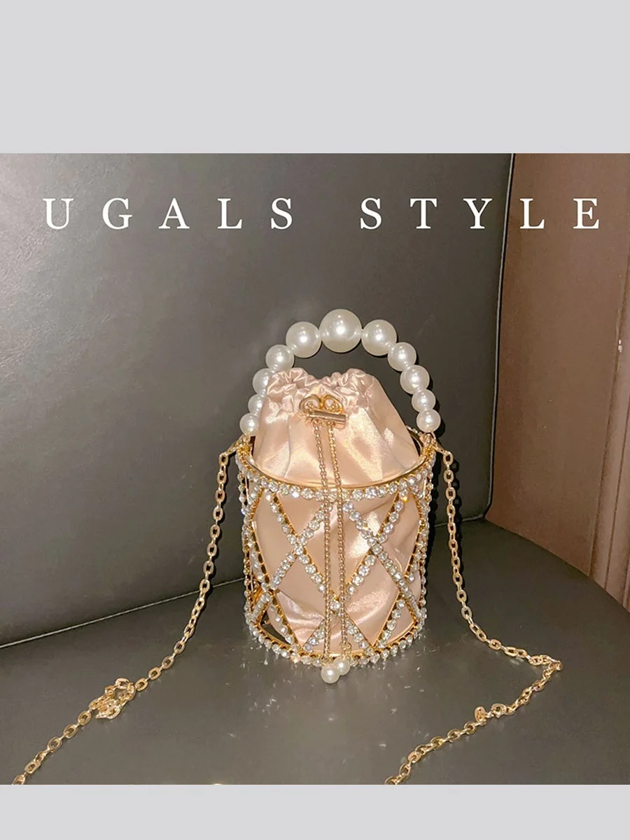 

UGALS Metal Shiny Hollow out Diamond Mesh Bucket Handbag Party Diamond Pearl Small Size Hard Surface Ladies Crossbody Bag