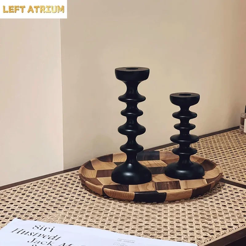 Black Geometric Solid Wood Candle Holder Tabletop Irregular Beech Wood Candle Decorative Ornaments Creative Candle Container