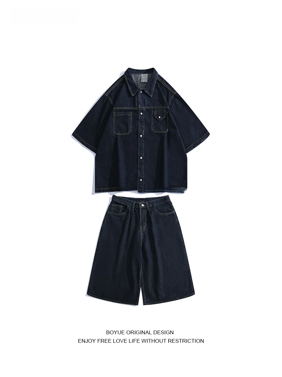 

Boyue Summer Faion Denim Set Cool Casual Men's irt orts Youthful Trendy Brand Unbranded Five Sve Five Length Jeans