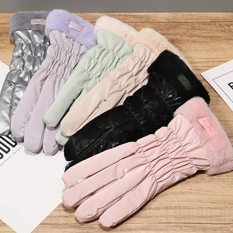 Light Waterproof Women Winter Keep Warm Touch Screen Down Cloth Gloves Shiny Outdoor Windproof Cartoon Cute Lovely Sweety