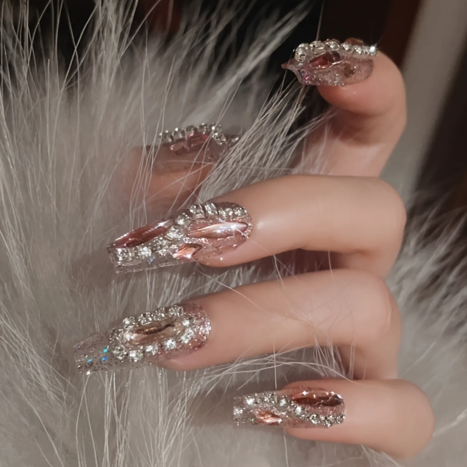 Glitter Rhinestone Fake Nails Long Ballerina Fake Nails With Zircon Chain Design Luxury Sparkle Glitter Nail Art Set Glossy Fake