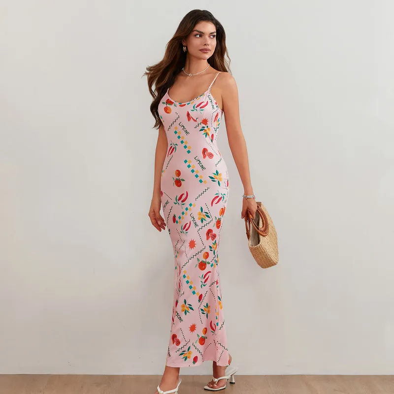 Donne Boho Fruit Print Slip abito senza maniche con scollo a v Backless Vintage Slim Dress sexy girls tight clothes