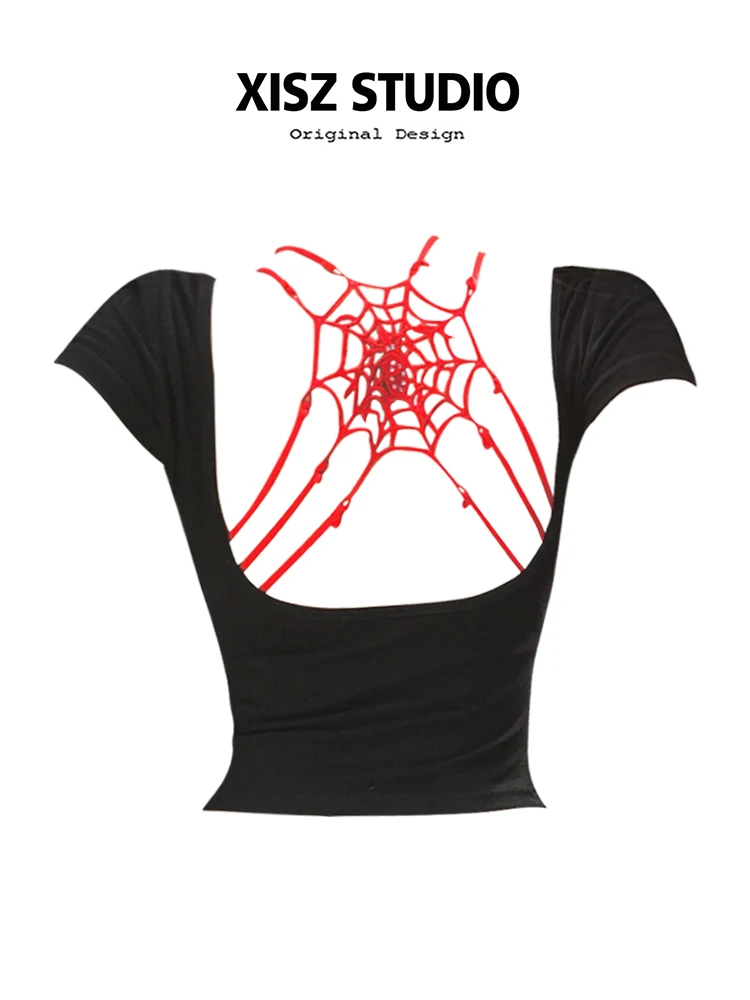

Women's Black Y2k T-shirt Harajuku Short Sleeve Backless Tee Top Fashion Vintage Aesthetic Hollow Out T-shirts 2000s Emo Clothes
