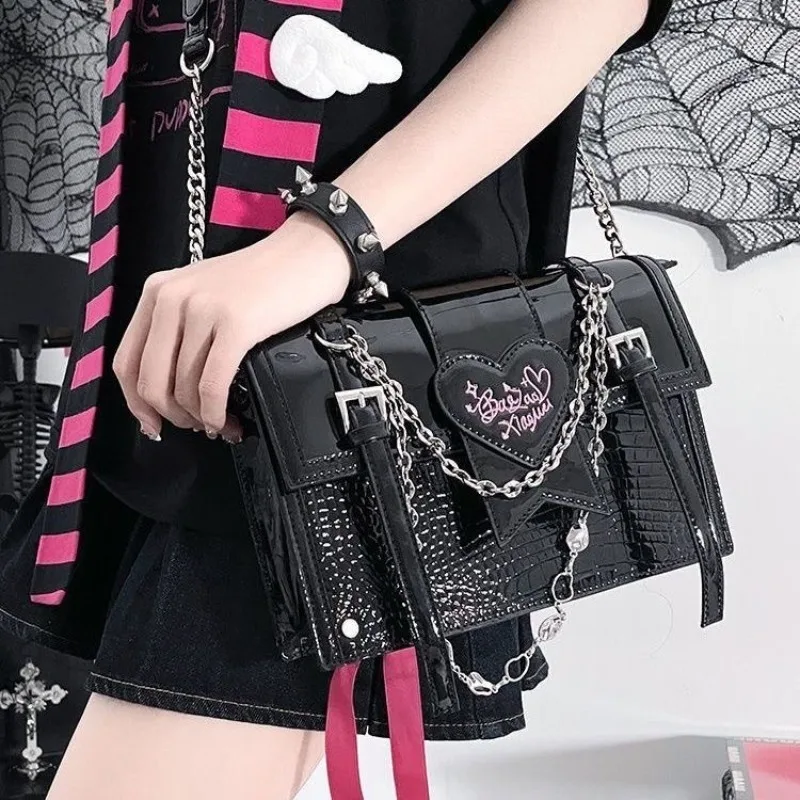 Xiuya Black Y2k Womens Shoulder Bag Gothic Letter Embroidery Chains Cool Sweet Ita Bag Pu Leather Lolita Vintage Fashion Handbag