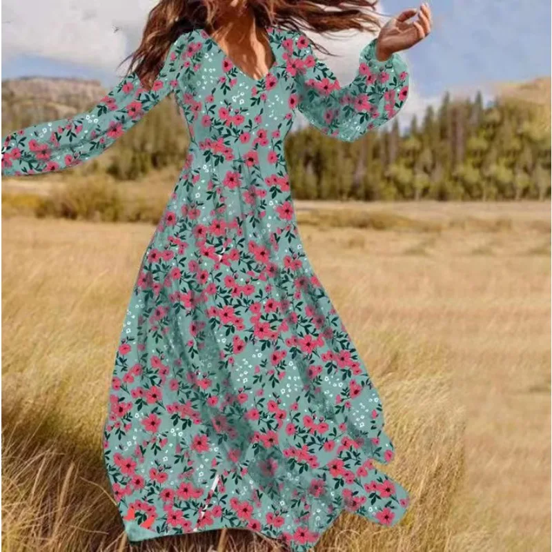 Vestido largo bohemio informal con estampado Floral para mujer, vestidos largos elegantes de fiesta para primavera y otoño, vestido Vintage con volantes de manga larga para mujer
