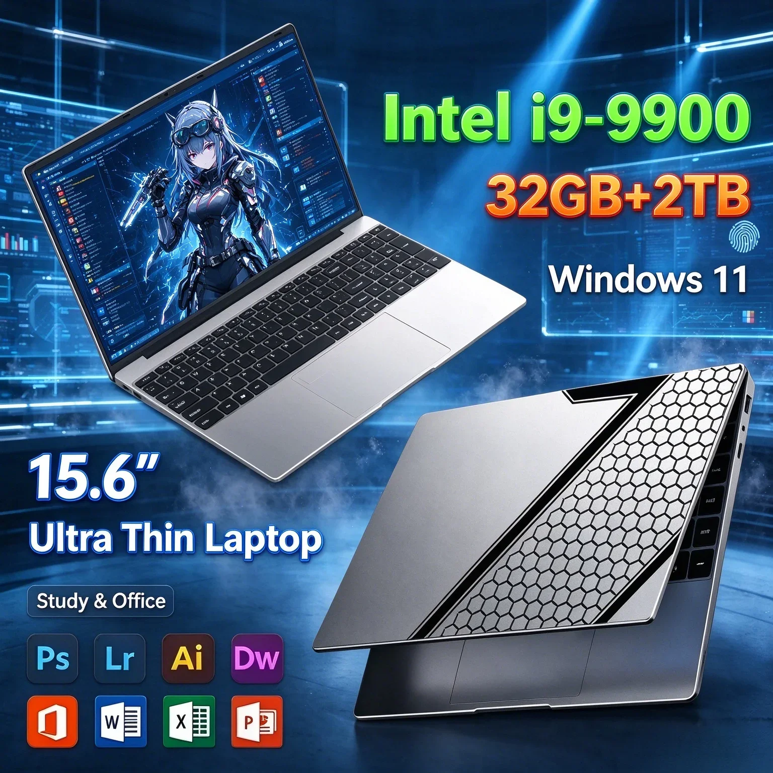 New Intel I9-9900 Processor 15.6'' Inch Laptop PC 32GB RAM 1TB/2TB SSD Win11 Fingerprint Unlock Notebook For Office Gaming Study