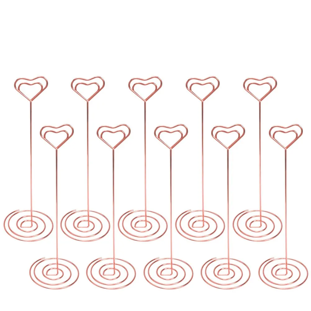 10Pcs Heart Shaped Memo Holder Desktop Note Clip with Flexible Wire Rope Base for Wedding Party Reception Photo Note Display