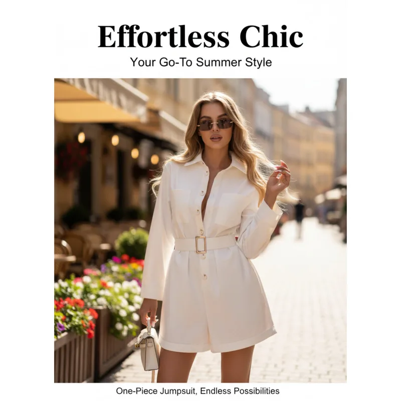 

Fashion White Long Sleeve Jumpsuit For Women's Fall Winter Outfit Belted Waist Wide Leg Style Elegant Look For Daily Streetwear