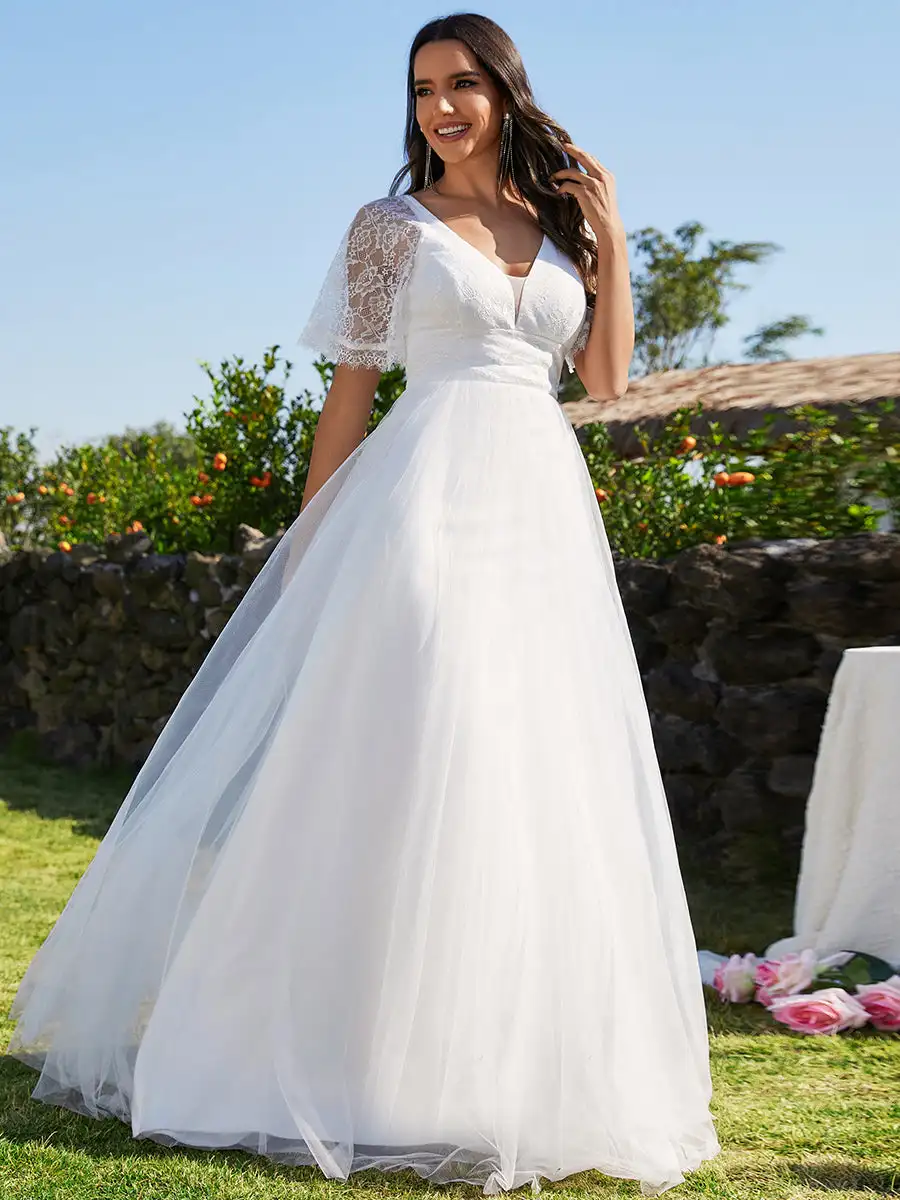 Vestidos de novia elegantes con cuello en V profundo, manga corta, hasta el suelo, Ever Pretty, de encaje bordado 2024, línea A, blanco