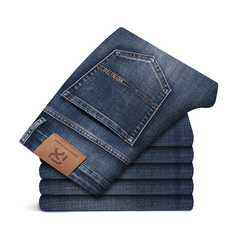 2024 새로운 가을 남성 블루 스트레이트 레그 청바지 비즈니스 캐주얼 코튼 스트레치 데님 바지 남성 브랜드 플러스 사이즈 40 42 44