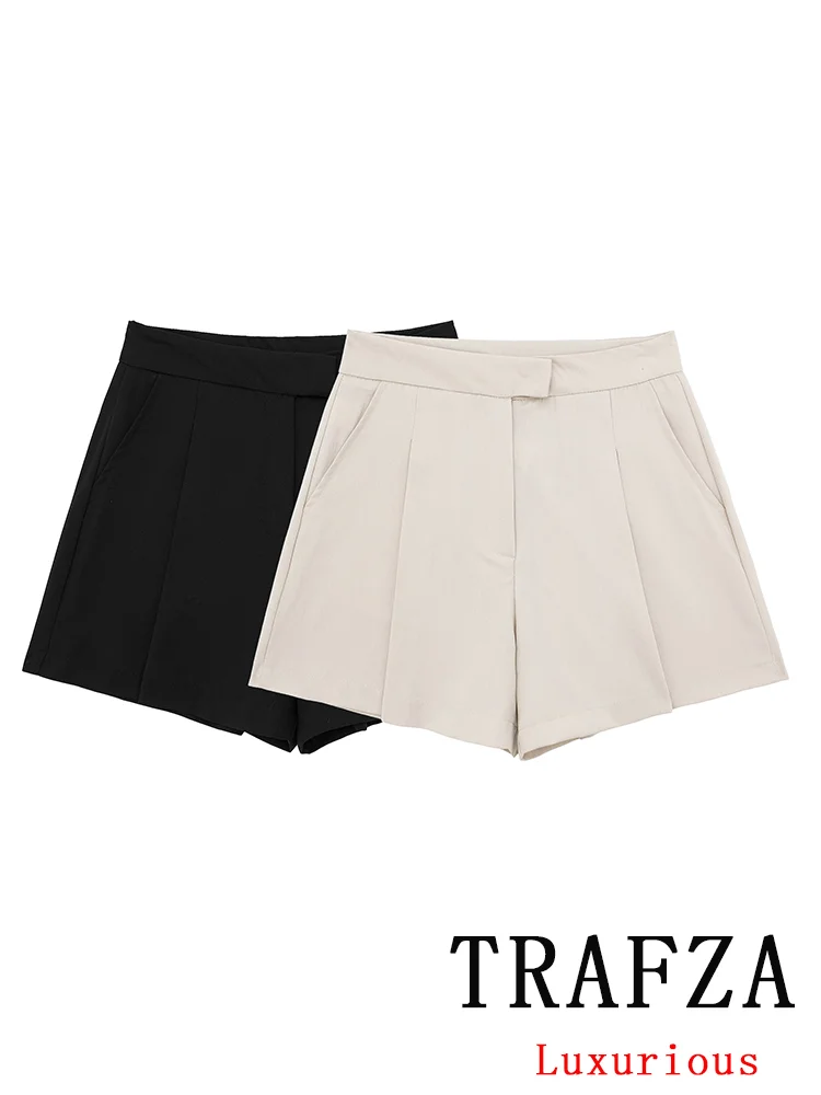 TRAFZA Vintage Casual Chic Women Solid Shorts Straight Zipper High Wasit Shorts New Fashion 2024 Summer Elegant Casual Shorts