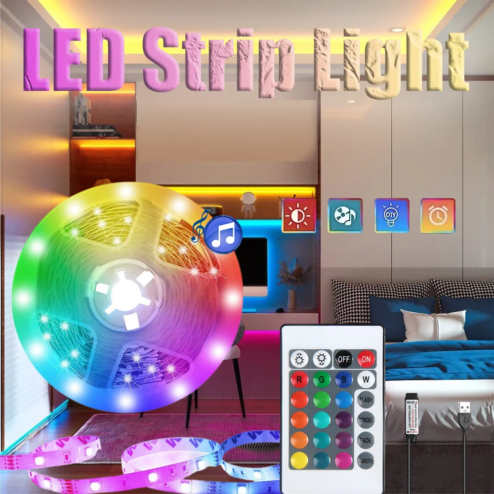 

Светодиодный светильник с 24 клавишами Неоновый свет RGB Полоса 1–30 м Светодиодная лента RGB Умный светодиодный светильник для украшения комнаты