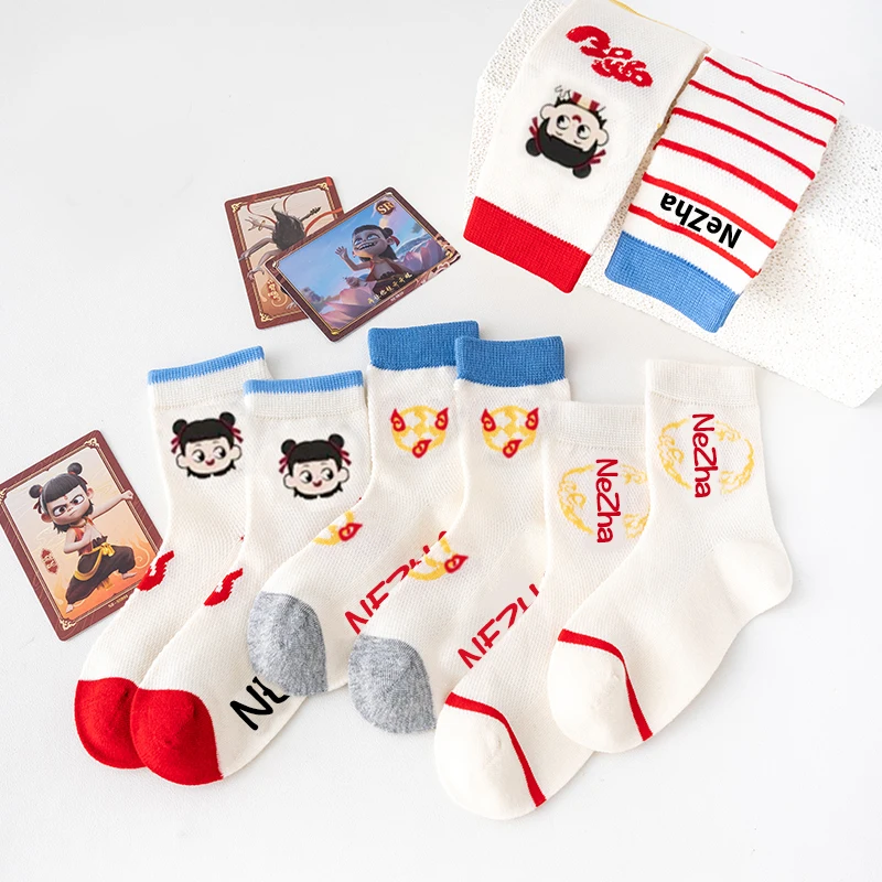 5 أزواج من جوارب Nezha الأسطورية ذات الطابع الكرتوني الشبكي للأطفال الأولاد مخططة كاجوال عصرية للحياة اليومية