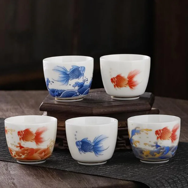 2Pcs/Set White Jade Goldfish Pattern Kungfu Tea Cups Porcelain Tea Bowl Master Cup Kitchen Teaware 60ml