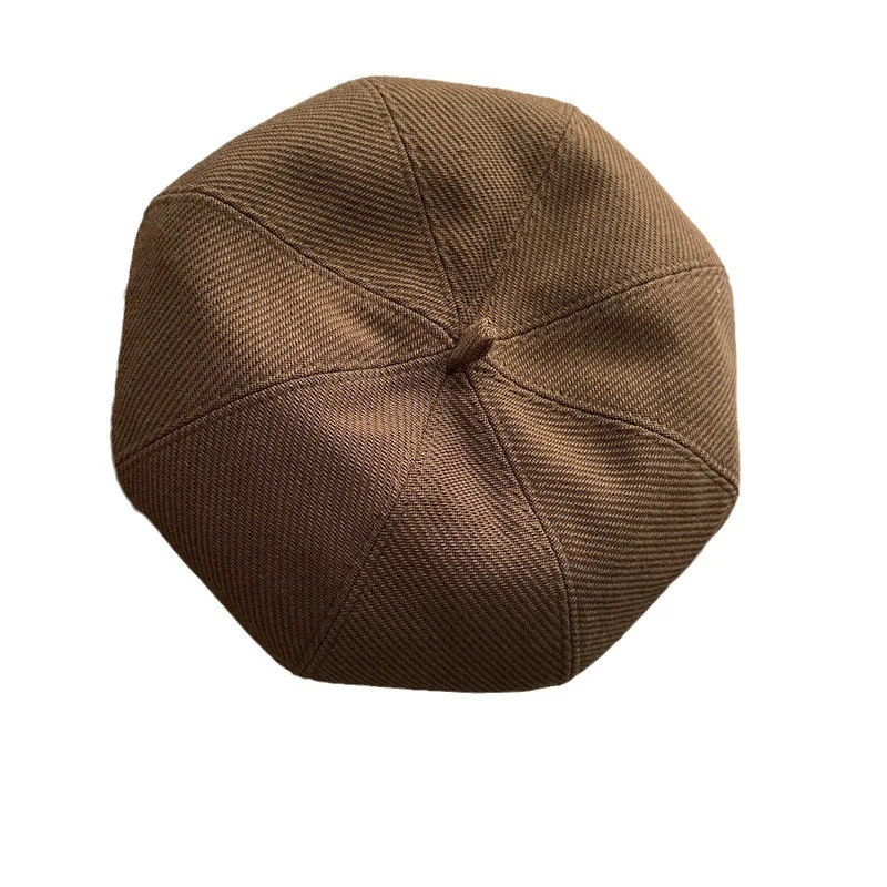 Beanie Octagonal Hat Solid Colour Coarse Grain Cotton Beret Cap women's Autumn Winter Literature Retro Simple painter's Hats