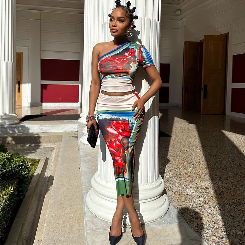 Wind 2023 moda de verano impreso Sexy fuera del hombro bolso de manga cadera medio cuerpo falda conjunto de dos piezas para mujeres