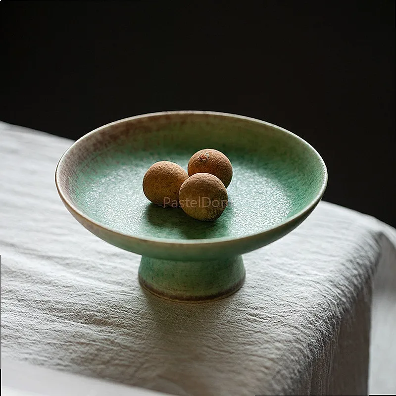Japanese Handmade Green Kiln Change Ceramic Snack Plate Retro High Foot Dessert Tray Fruit Serving Dish