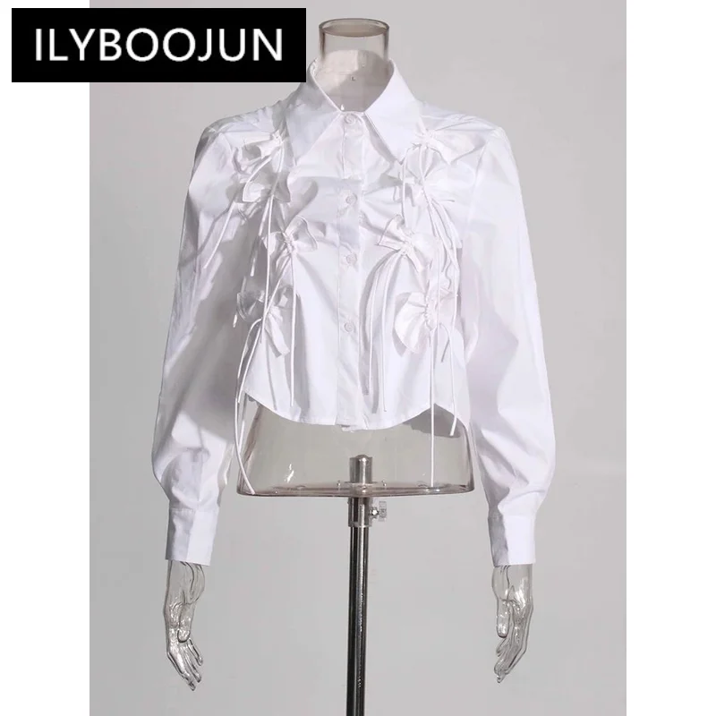 ILYBOOJUN Patchwork Bowknot Casual Shirts For Women Lapel Long Sleeve Spliced Single Breasted Blouse Female Fashion Clothes