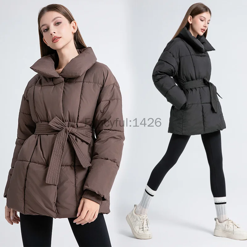 

Women's Winter Cotton Coat Short Cotton Outerwear Ladies Commuter Loose Casual Warm Stand-up Collar Belted Cotton Jacket 2025