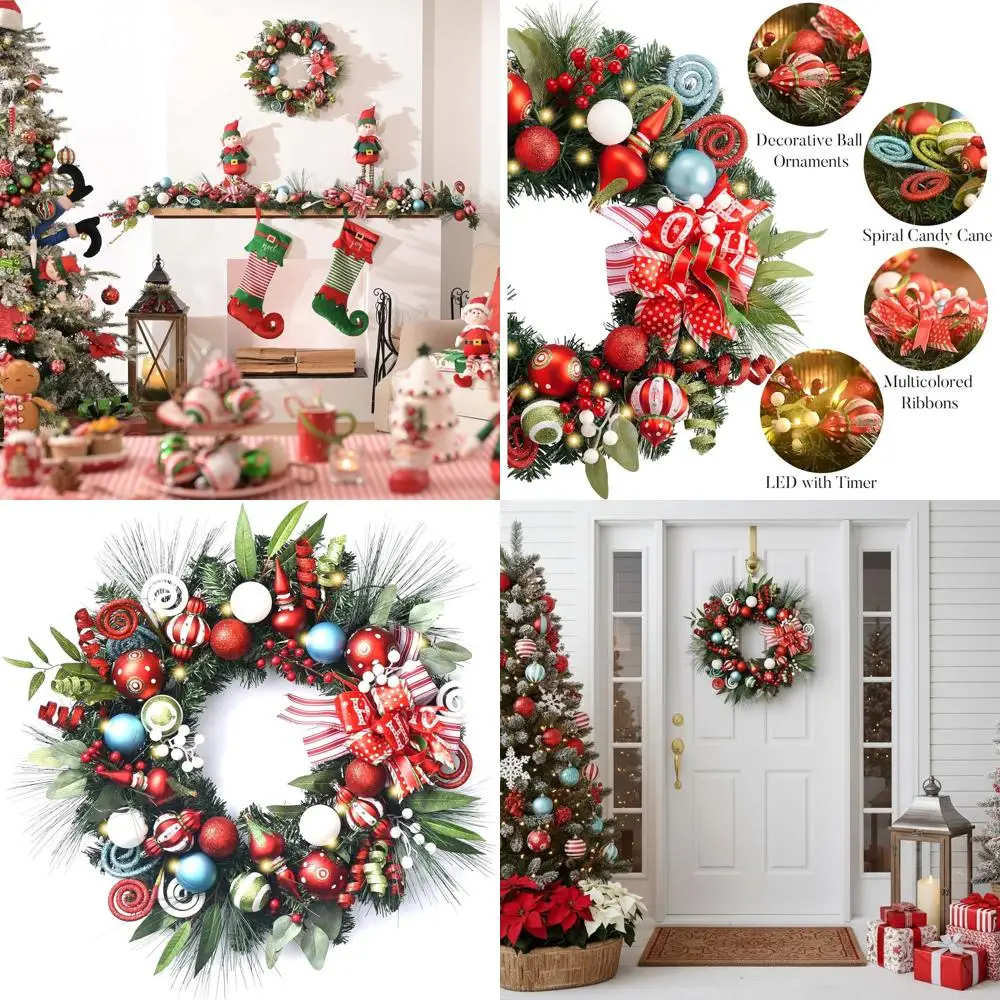 

Разноцветный светодиодный рождественский венок, большой уличный венок с предварительной подсветкой из шариков и лука, идеально подходит для дверей, крыльца, камина, окна, холма