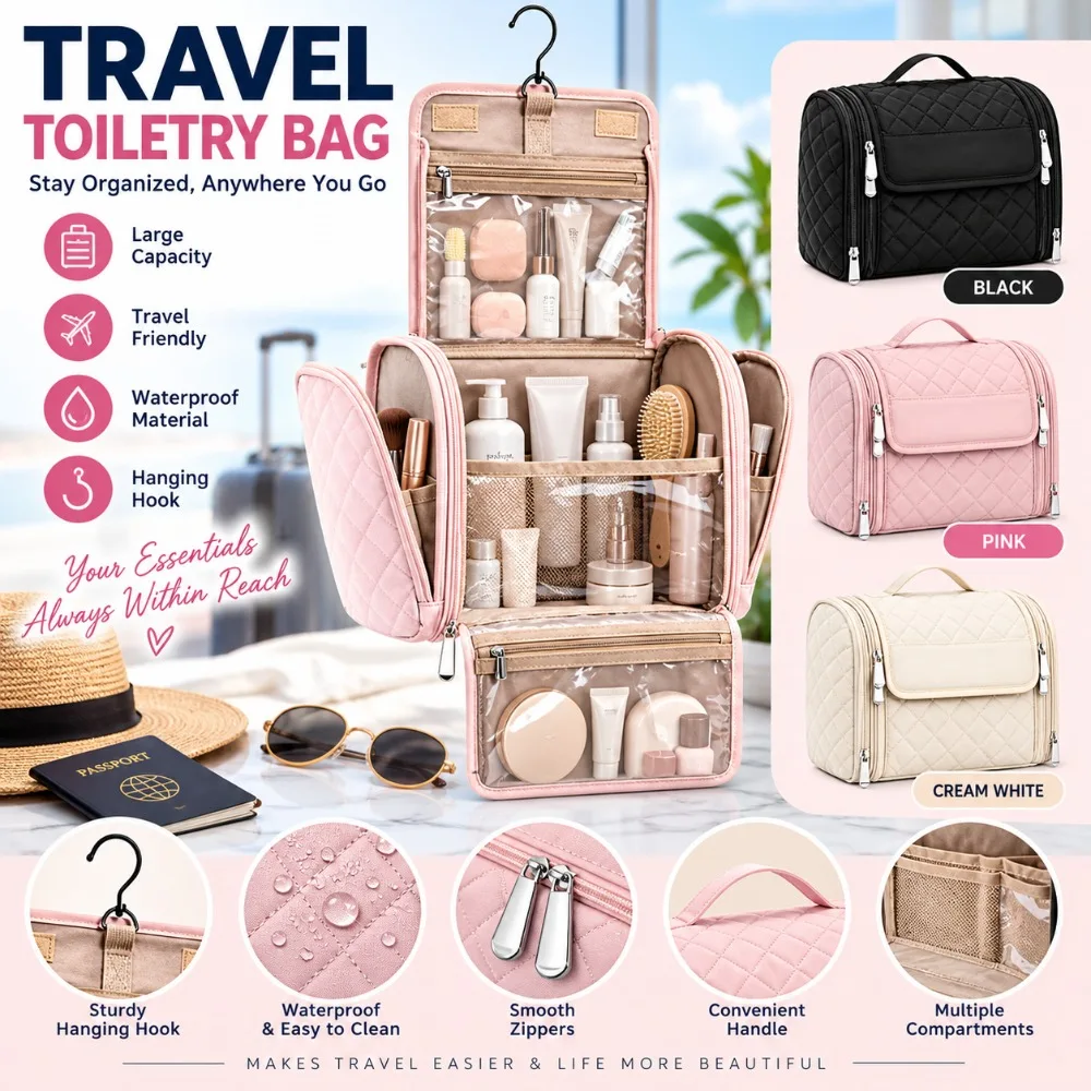 Waterproof Hanging Toiletry Bag Hanging Hook Clear Pockets Cosmetic Carry Case Carry Handle Multi Compartment