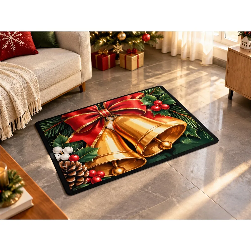 VIKAMA Christmas Pine Gold Bell Flannel Door Mat, Washable Quick Dry Xmas Mat, Christmas Decor for Front Porch, Entryway