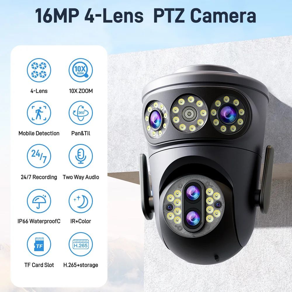 

8K 16MP Outdoor Wifi IP Camera PTZ Four Lens Three Screen 10X Zoom Human Detect Auto Tracking Wireless Surveillance Camera CCT