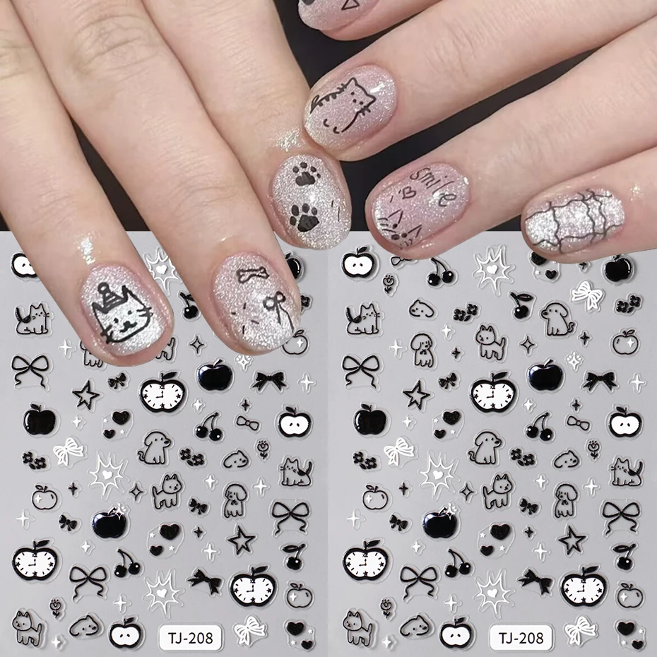 2 pezzi 5D in rilievo Graffiti Cane Gatto Adesivi per unghie Ciliegia Mela Decalcomanie adesive per unghie Tema frutta animale Decorazioni per unghie usa e getta