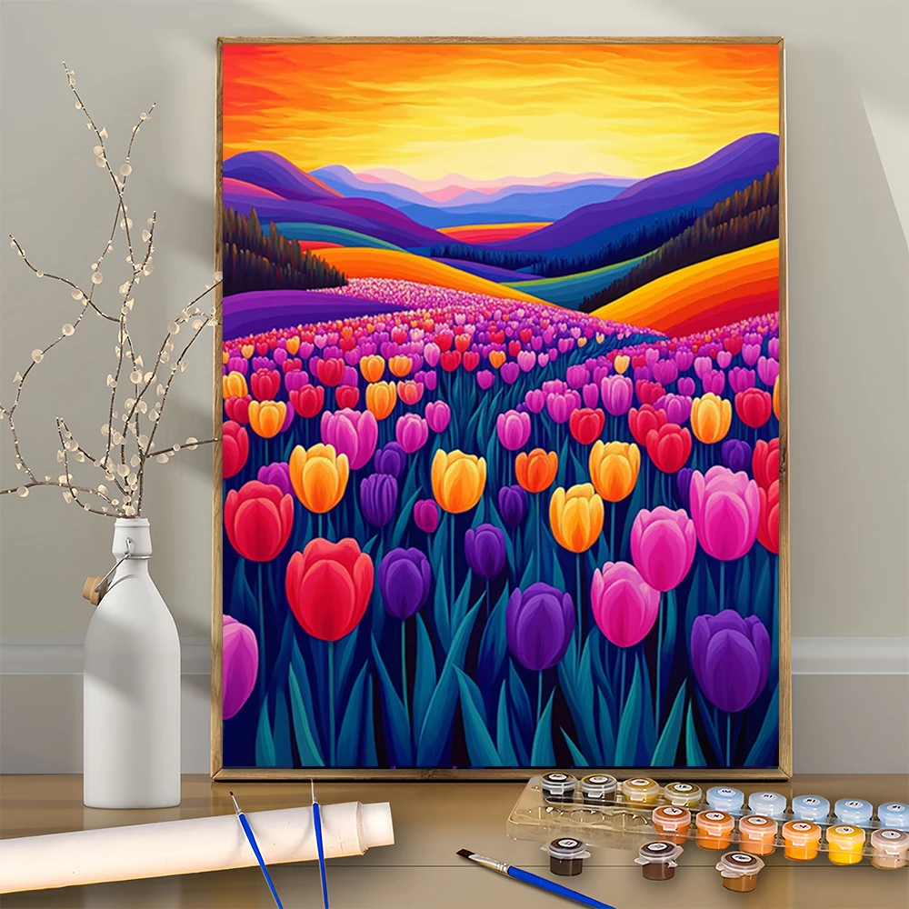 Kit de pintura Digital acrílica DIY de Tulip Valley para principiantes, marco de decoración de pared para el hogar, no incluido, 1 Uds.