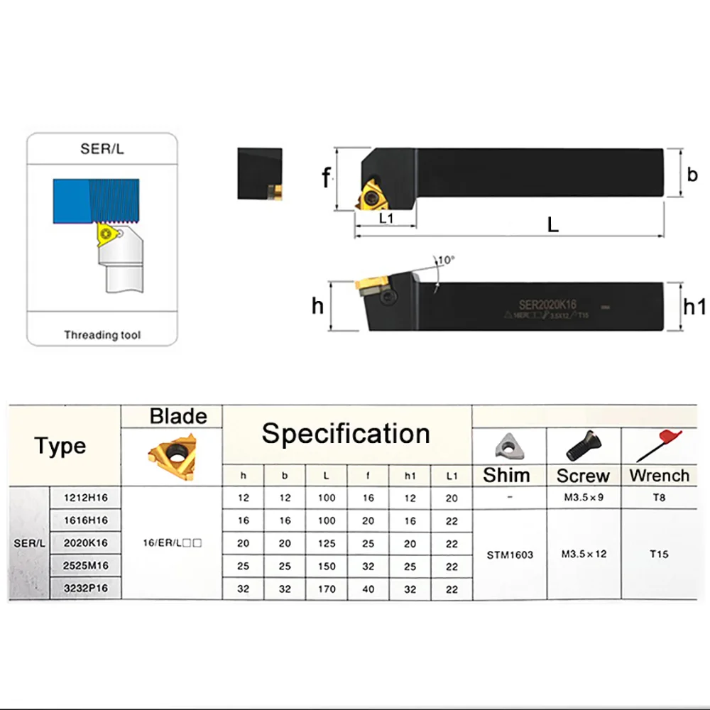 SER/L 1212 1616 2020 2525 3232 External Thread Turning Tool SER SEL Alloy Steel Slotting Shank CNC Center Machining Lathe Holder