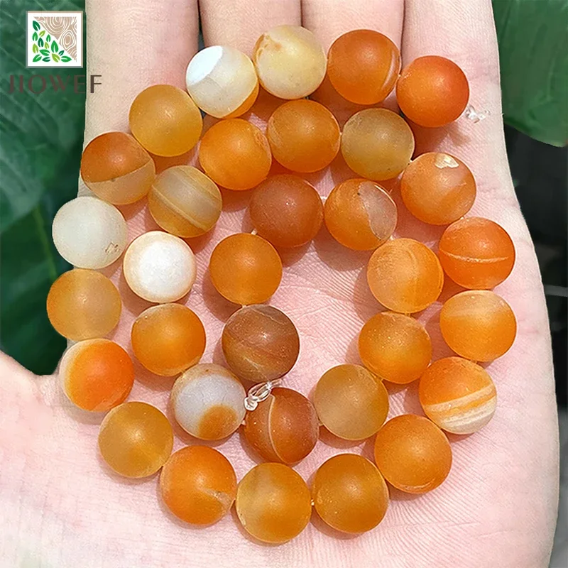 Natural Stone Beads Matte Stripe Onyx Banded Lace Orange Agates Round Loose Beads for Jewelry Making 15