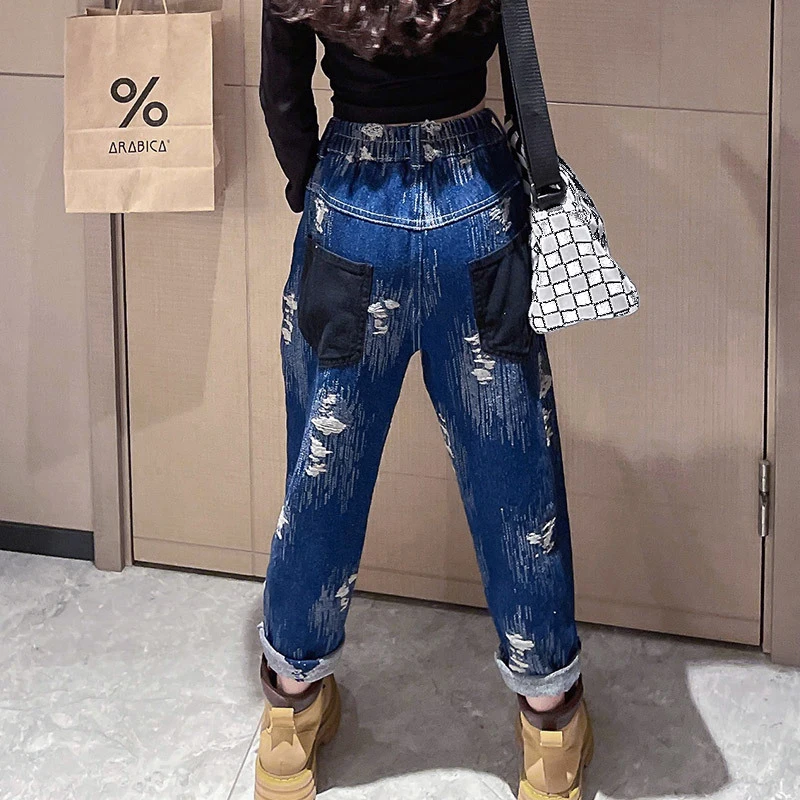 IENENS Girls Jeans 6 to 9 Years Old Fashion Soft Loose Denim Pants Teen Straight Trousers