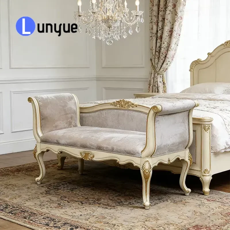 Luxury Royal Antique Cream Wood Frame Velvet Upholstered Fabric Seat Bed Bench for Bedroom Furniture Elegant Design Durable