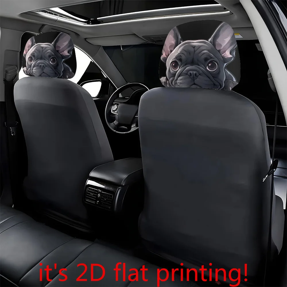 2pcs Cute French Bulldog Print Car Headrest Covers | Green Canvas Design | Utility Decoration For Women's Self-Driving Trips | O