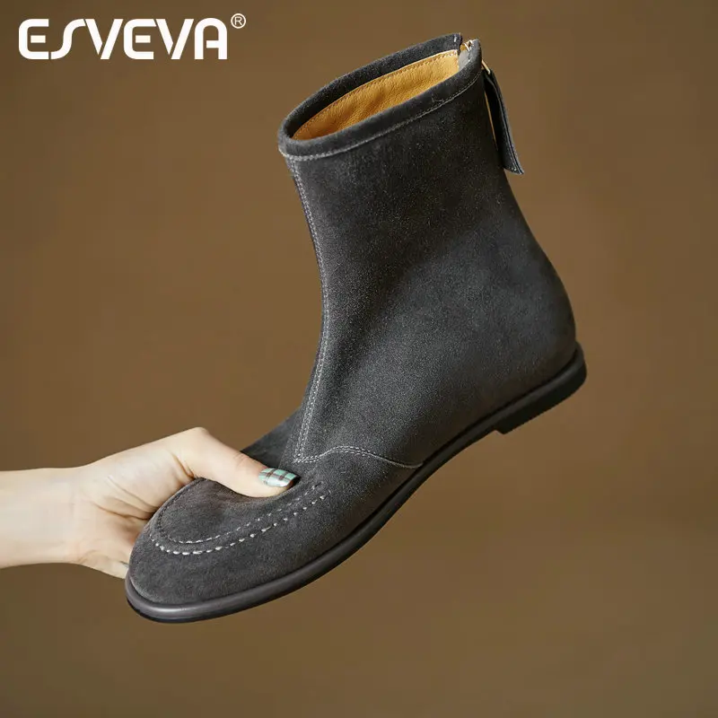 ESVEVA News Winter Kid Suede Leather Women Ankle Boots Woman Shoes Round Toe Flats Heels Autumn Zipper Dress Short Boots 34-43