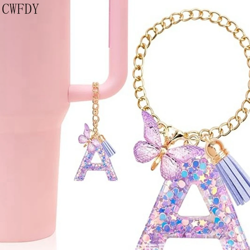 Sparkling Charm Accessories For Cup With Handle Initial A-Z Letter Keychain Handle Charm With Butterfly For Tumbler Women Girls