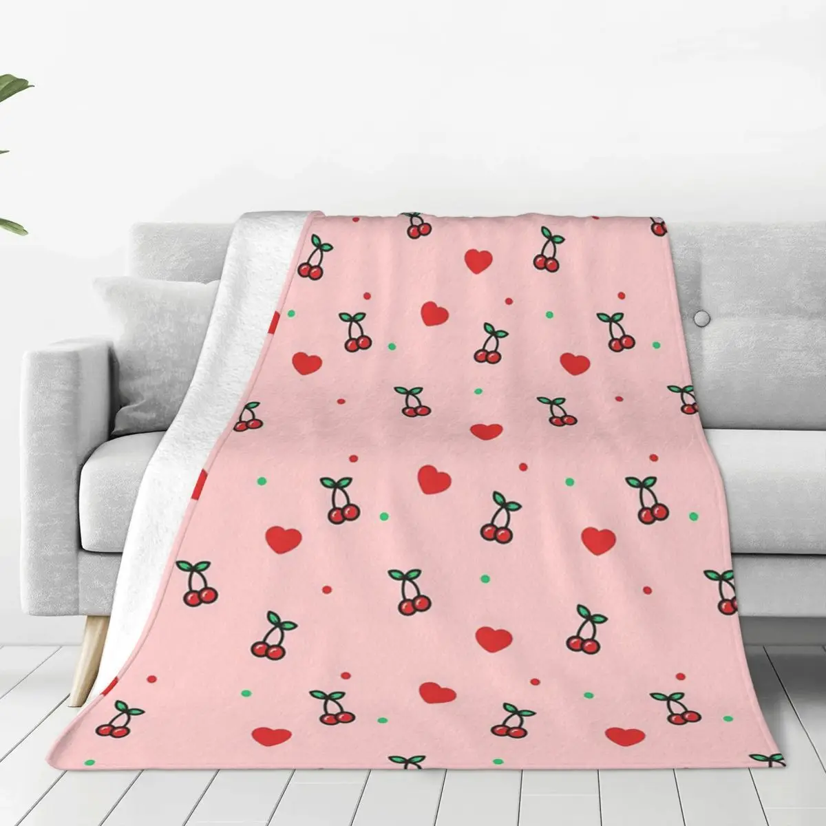 Cherry Heart Design Pattern With Pink Background Blanket Fleece Sofa Throw Blankets For Home Bedroom Throws Bedspread Quilt