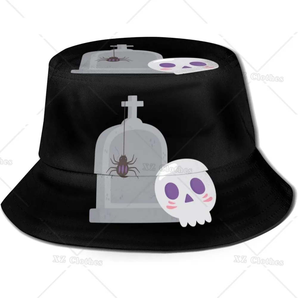 Happy Halloween Skeleton Spiders and Tombstones Bucket Hat for Women Men Teens Beach Outdoor Fashion Packable Fishing Sun Cap