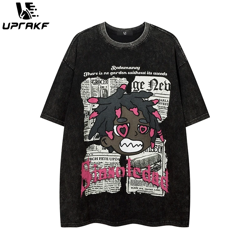 UPRAKF Harajuku Streetwear T-shirt Washed Cotton Tees Anime Demon Slayer Graphic Tops Casual Oversized Outfits Back Letter Print