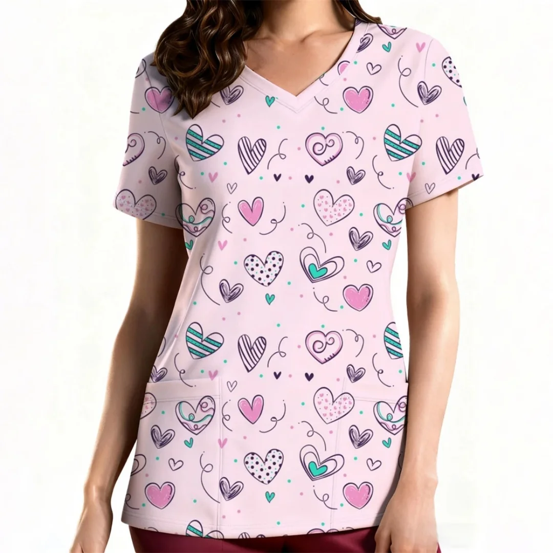 여성용 임상 유니폼 심플 러브 발렌타인 데이 테마 프린트 여성용 간호사 유니폼 루즈하고 편안한 캐주얼 일상 생활