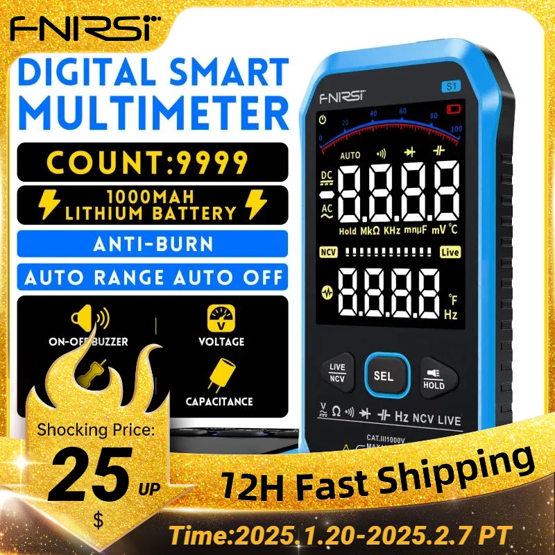 FNIRSI S1 Smart Digital Multimeter 9999counts AC DC Voltage Resistance Capacitance Diode NCV Hz Live Wire Color Display Tester