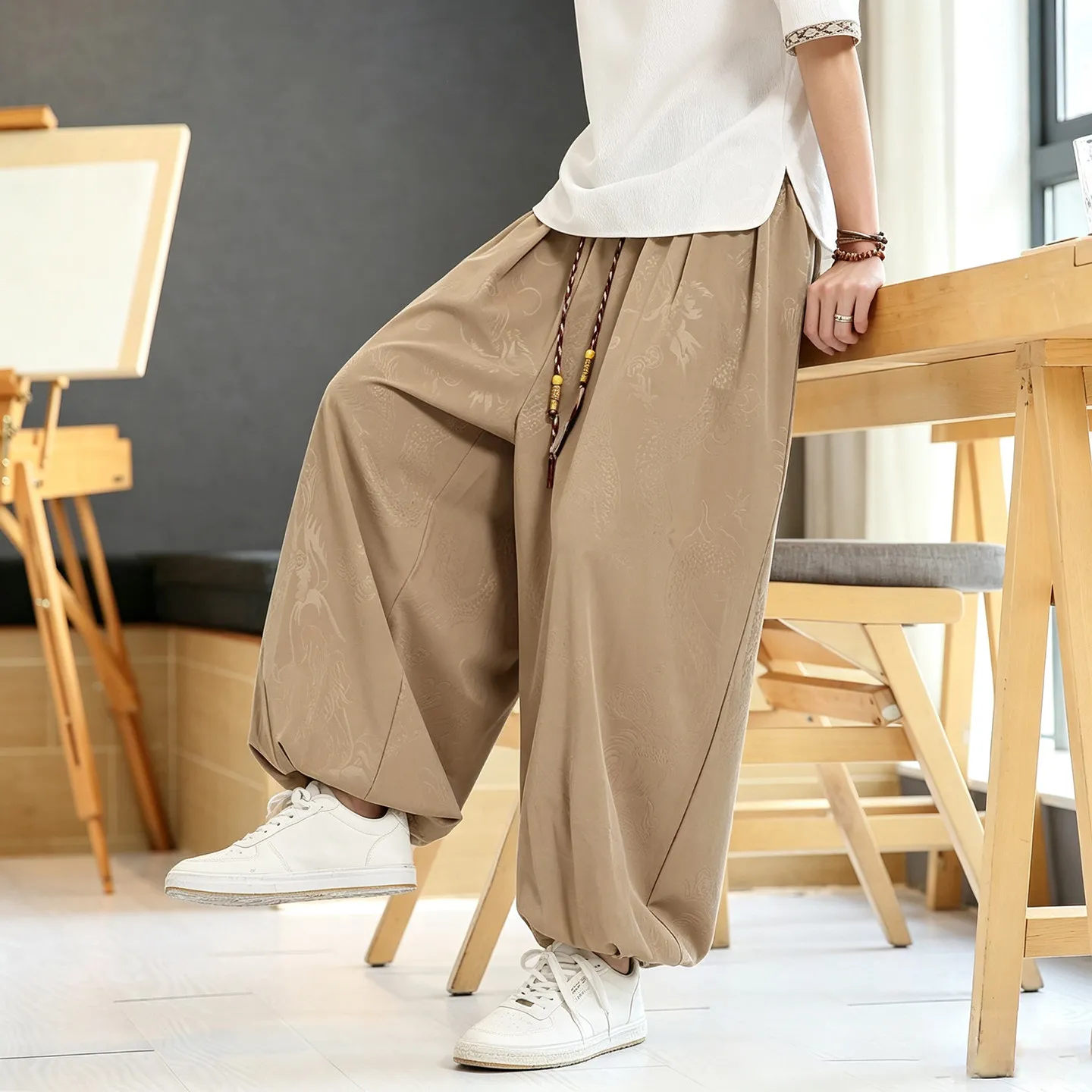 Oversize Pants Men Japanese Styles Ice Silk Dragon Costume Ukiyo-e Trendy Harem Pants Men Comfortable Casual Jogger Trousers Men