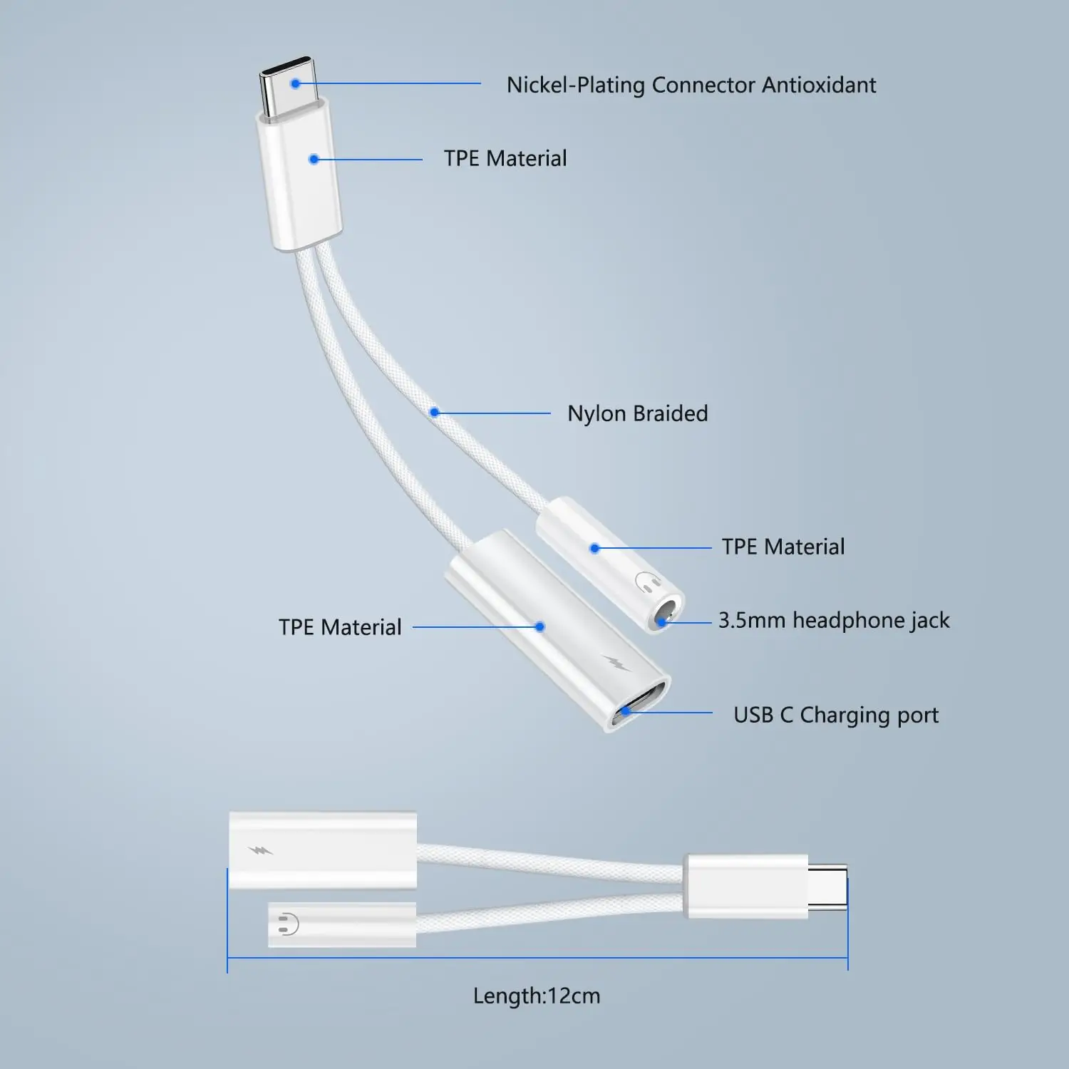 Адаптер USB C на 3,5 мм для наушников и зарядного устройства 2-в-1 PD 60 Вт Тип C Зарядный порт Aux Audio Jack для iPhone 15 Pro Max Samsung S23