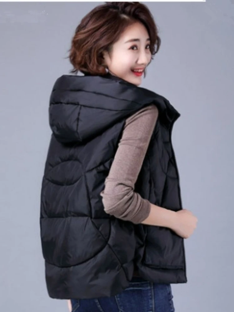 

Women's Loose Winter Vest Solid Hooded Zipper Pockets Ladies Cotton Padded Sleeveless Jackets Waistcoat for Female Coat 2023