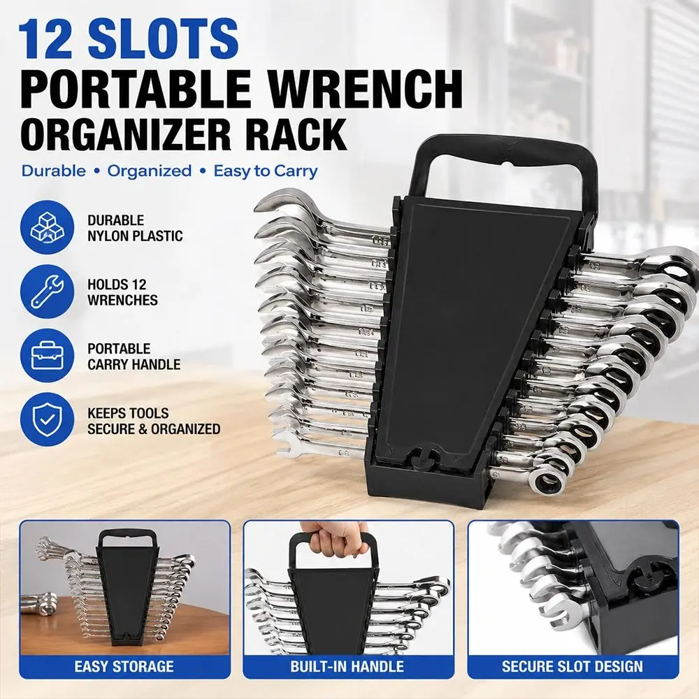 12 Slots Wrench Organizer Rack Individual Wrench Slots with Carry Handle Combination Wrench Holder Secure Clamping Structure