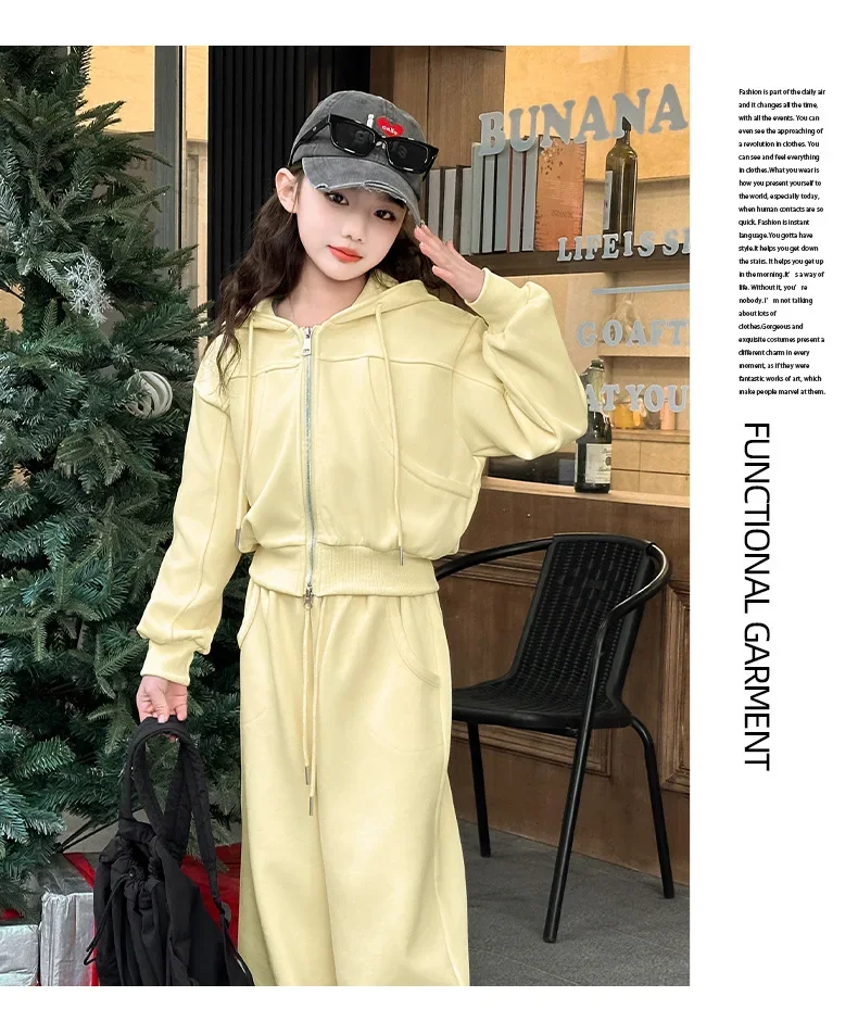 ZOETOPKID 2026 Herbst Winter Mädchen Kleidungsset Kinderanzug Teenager Trainingsanzug Jacke mit Kapuze Crop Top + Weite Hose – Detail 6