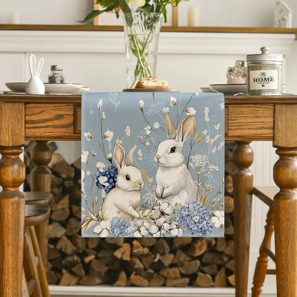 Bunny Rabbit Hydrangea Happy Easter Table Runner, Seasonal Spring Kitchen Dining Table Decoration for Home Party Decor