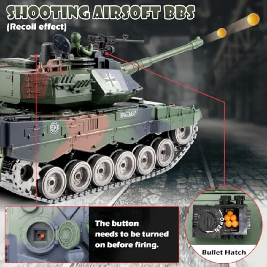 1:18 Remote Control Tank 2.4G Metal German Leopard II RC Tank with BBS Shooting Smoke Sound Lights Recoil Military Toy for Adul